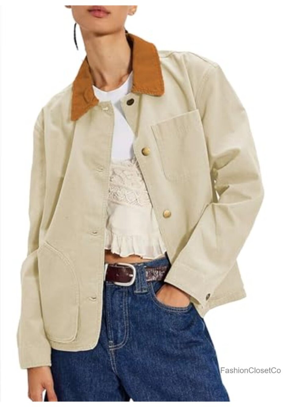 Women's Cropped Field Jacket Contrast Collar Button Up Utility Coat